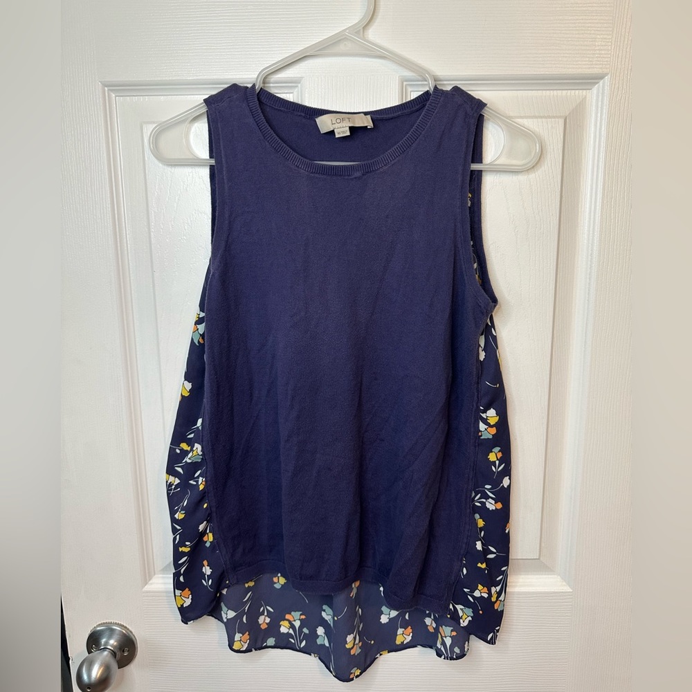LOFT Sleeveless Top Blue Sweater Front Floral Flowy Back Women's Size XS
